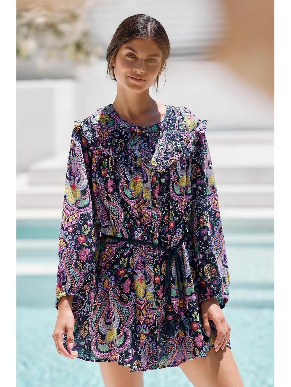 Anthropologie NWT Size Med Paisley Cotton Longsleeve Tunic Cover-Up Boho Dress